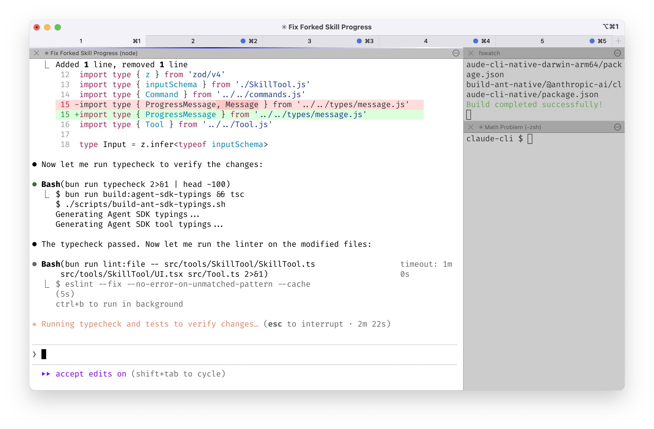 Five parallel Claude Code terminal sessions