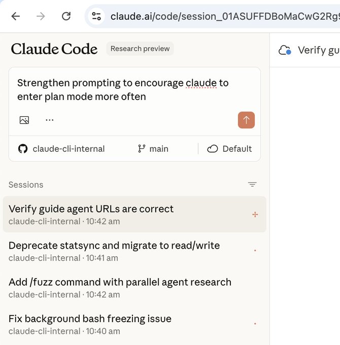 Claude Code web interface showing multiple sessions